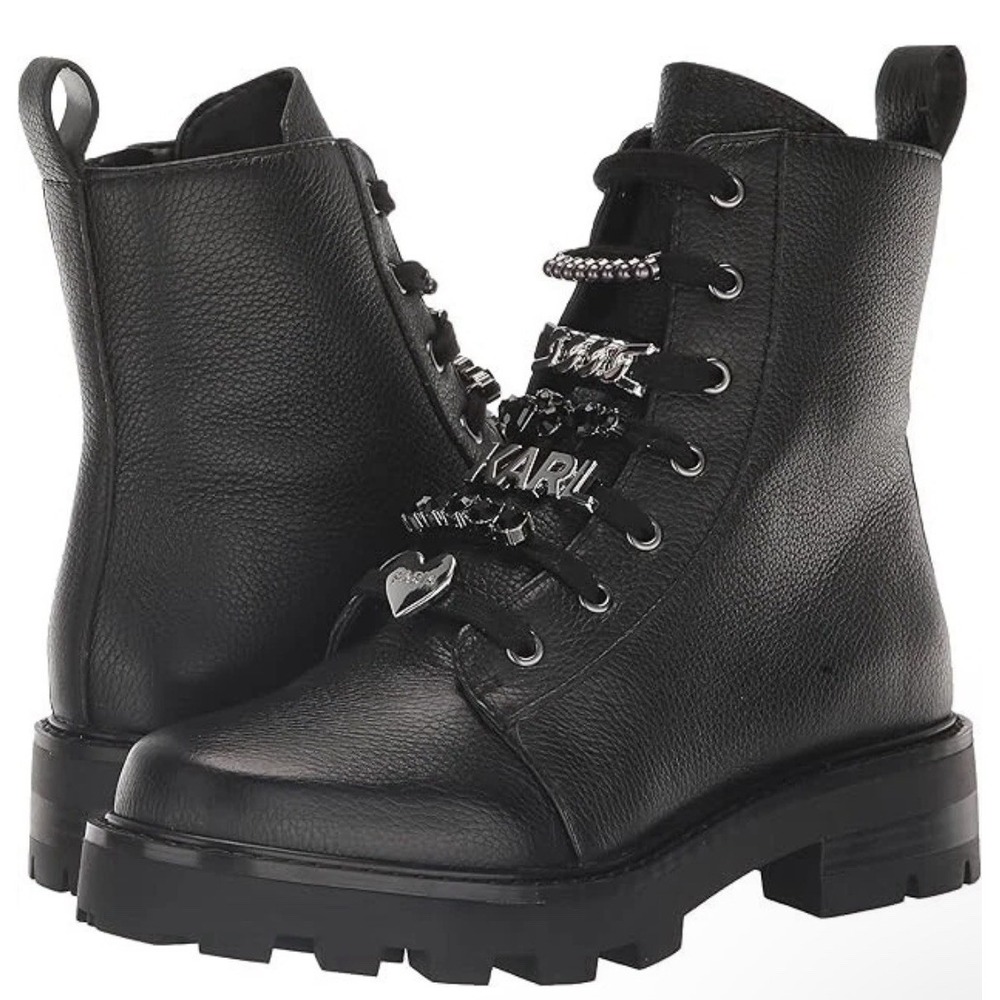 Karl Lagerfeld Paris Mela Combat Boots Black Leather Size 7